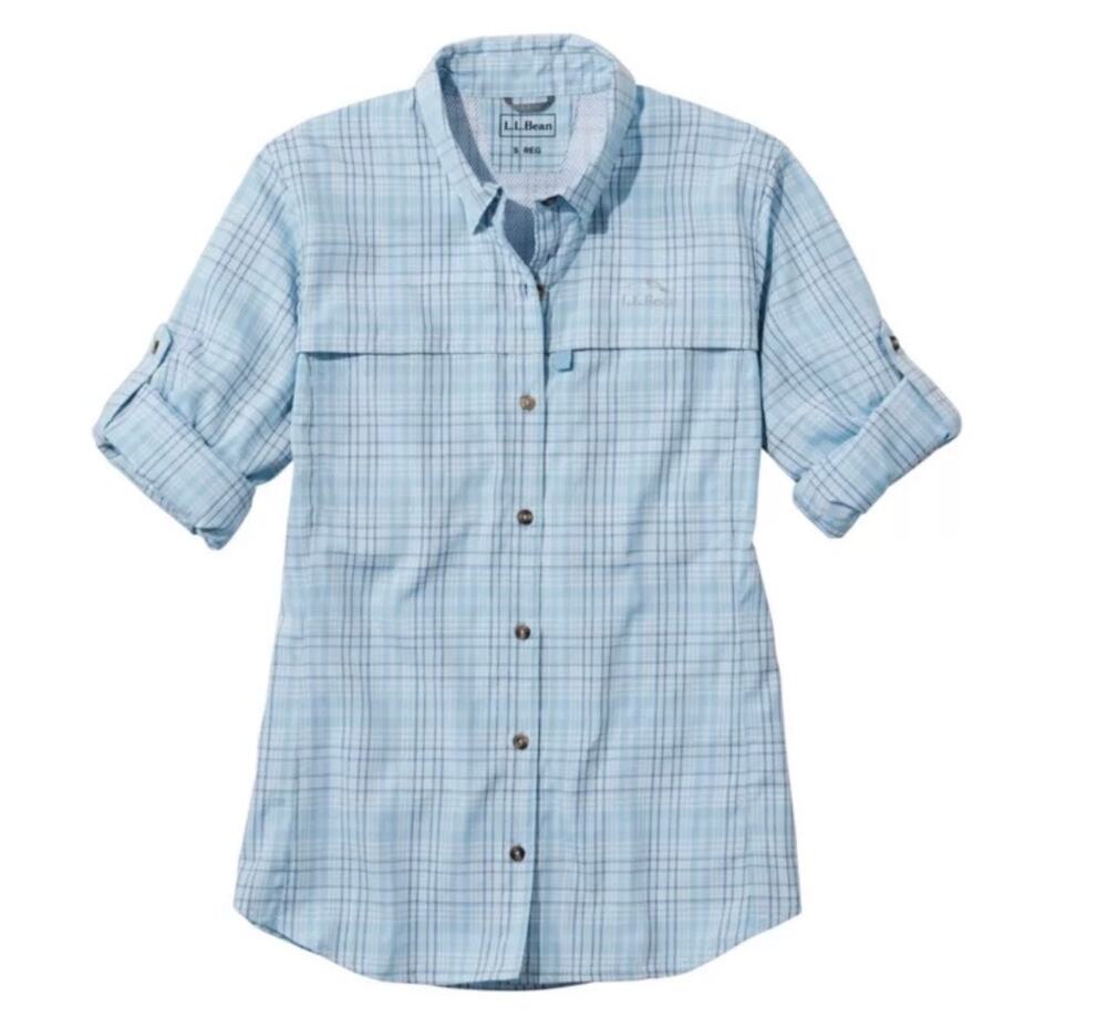LL Bean Tropicwear Outdoor Shirt • Blue/White Plaid • UPF 50+ • XL Petite